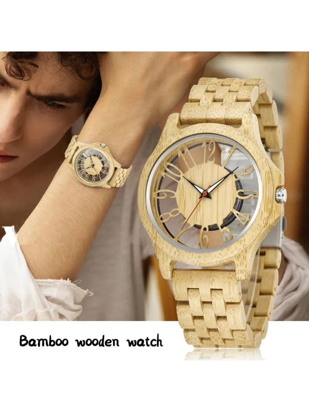 Men's Yellow Quartz Ebony Zebra Fold over Clasp Wood Strap Round Wooden Watch